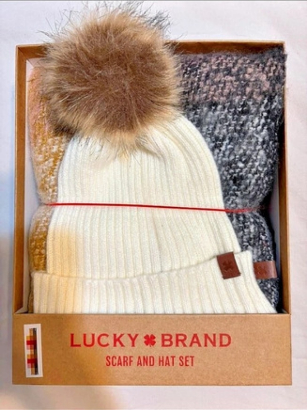 Lucky Brand Scarf and Hat Box Set in Cream & Gray